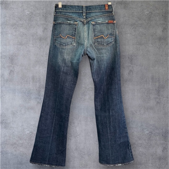 7 for all Mankind Jeans Womens Size27 Yellow Pocket Dark Blue Distressed Bootcut - Picture 2 of 9